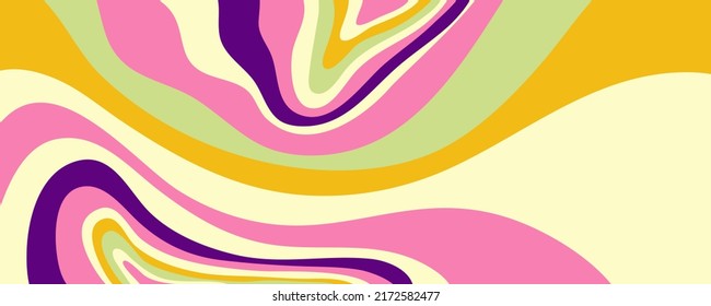 Grioovy psychedelic wave background for banner design. Retro 60s 70s psychedelic pattern. Modern wave retro abstract design. Rainbow 60s, 70s, hippie vector.