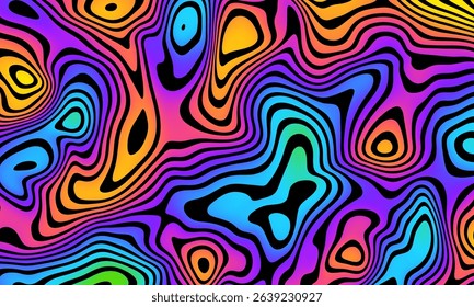 Grioovy psychedelic wave background for banner design. Retro 60s 70s psychedelic pattern. Modern wave retro abstract design. Rainbow 60s, 70s, hippie vector