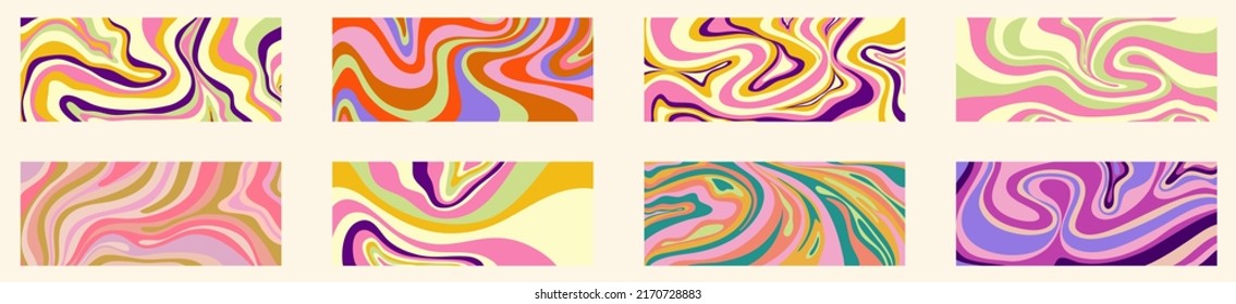 Grioovy psychedelic wave background set for banner design. Retro 60s 70s psychedelic pattern. Modern wave retro abstract design. Rainbow 60s, 70s, hippie vector