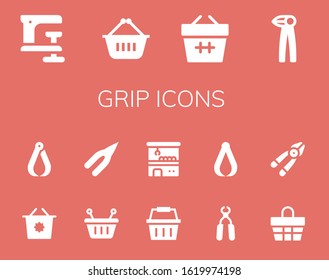 grip icon set. 14 filled grip icons. Included Clamp, Shopping basket, Basket, Pliers, Claw machine, Plier icons