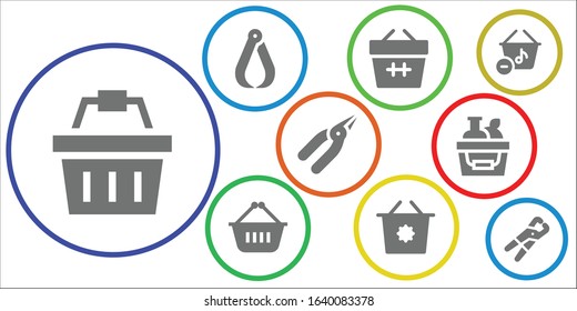grip icon set. 9 filled grip icons. Included Shopping basket, Pliers, Basket icons