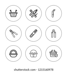 Grip icon set. collection of 9 outline grip icons with basket, clamps, hand grip, pliers, shopping basket icons. editable icons.