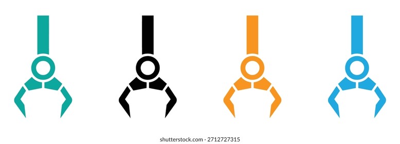 Conjunto de iconos de agarre aislado sobre fondo transparente. Cuatro íconos robóticos de la garra en diversos colores. icono del Vector del apretón del gimnasio y de la aptitud para el Web, los App móviles y el ui. Juego de garra de grúa. Máquina de juguete robótico. 