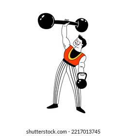 Grip strength circus strongman training. Cartoon vector illustration. Physical training. 