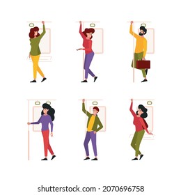 Grip train. People standing and handholding grip tram travelling in subway garish vector flat characters isolated