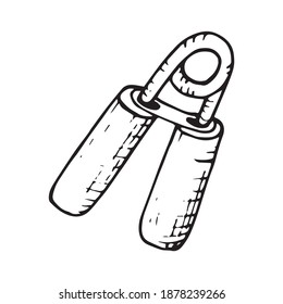 Gripper tool for flexible wrist and hands outline illustration. Squeeze equipment for arm workout hand drawn logo. Spring for building body. Must have training tool in the gym, pen drawing.