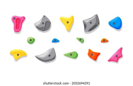 Grippers for climbing in the gym, imitation of a rock. Various fasteners. Cartoon set on a white isolated background.