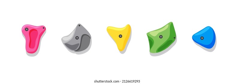 Grippers for climbing in the gym, imitation of rock set on a white isolated background. Various fasteners. Cartoon illustration.