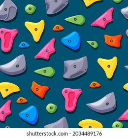 Grippers for climbing in the gym seamless pattern. Imitation of a rock. Various fasteners. Cartoon vector background.