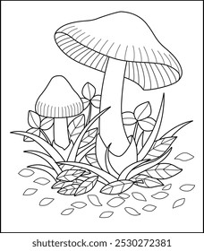 Grisette amanita mushrooms in fallen leaves, grass and clover - vector linear image for coloring. Outline. Coloring page with mushrooms and plants