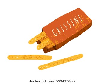 Grisini vector illustration. Italy bread sticks with sesame seeds in the package, isolated on white background. 