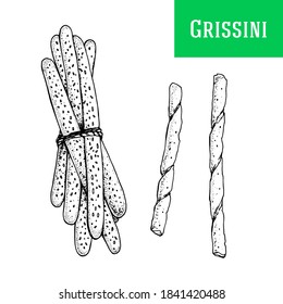 Ilustración vectorial grissini en blanco y negro. Cocina italiana. Ilustración de esbozo dibujada a mano. La comida italiana. Vista superior.