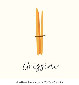 Grissini breadsticks tied with a string in a minimalist illustration style. Warm orange and yellow tones