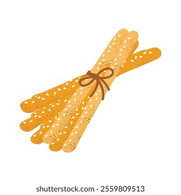 Grissini breadsticks tied with a string. Traditional Italian snack for bakeries, menus, and rustic food designs. Flat vector illustration, isolated on white background.