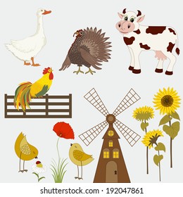 Gristmill, sunflowers with domestic animals