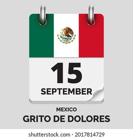 Grito de Dolores,Mexico- September 15, days of year, flat realistic calendar icon Grito de Dolores vector image with Mexico flag