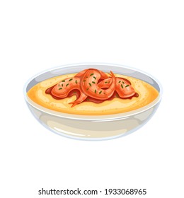 Grits With Shrimp Vector Icon. Boiled Cornmeal Porridge Illustration.