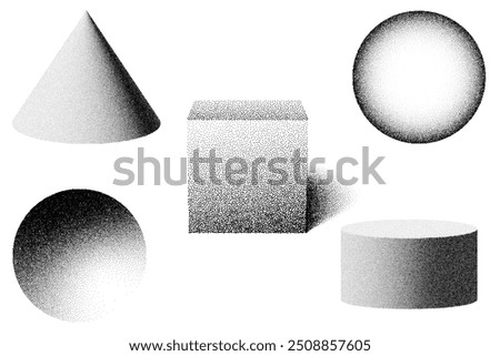 gritty 3d shapes with grain gradient effect in y2k style isolated on white. Noise cube, cylinder, cone, tryangle with grainy dot texture rotate in perspective light, shadow. 3d vector geometric design