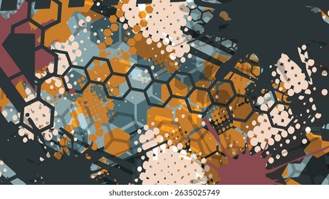A gritty abstract grunge background featuring hexagonal patterns blended with expressive paint textures. 