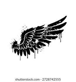 Diseño de silueta de ala de ángel de pintura en aerosol de graffiti en blanco y negro arenoso