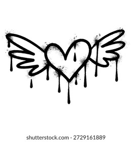 Gritty black and white graffiti style heart with wings and dripping spray paint effect. Urban street art vector illustration of a winged heart isolated on white background, perfect for t-shirt design, posters, and stickers.