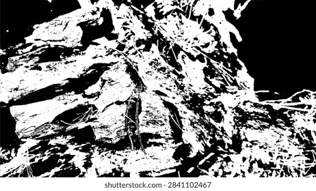 Gritty black and white stencil vector illustration of pine needles lying on weathered wood texture.