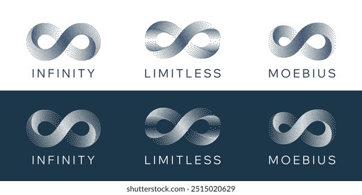 Gritty Dots Digital Technology Gray Light Vector Infinity Logo. Künstliche Intelligenz abstrakte Daten grenzenloses Vorzeichenkonzept. Grain Texture Endless Infinite Loop Emblem Templates Set. Einzeln