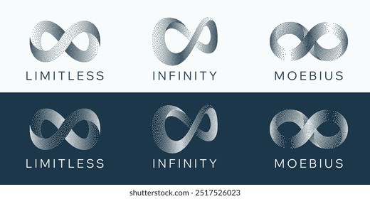 Gritty Dots Digital Technology Grey Light Vector Infinity Logo. Artificial Intelligence Abstract Data Limitless Sign Concept. Grain Texture Endless Infinite Loop Emblem Templates Set. Isolated