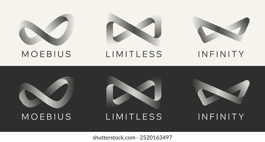 Gritty Dots Digital Technology Grey Light Vector Infinity Logo. Artificial Intelligence Abstract Data Limitless Sign Concept. Grain Texture Endless Infinite Loop Emblem Templates Set. Isolated