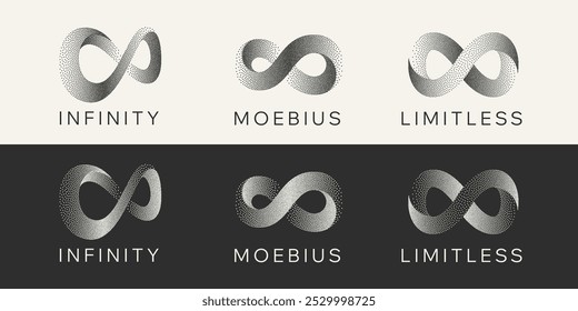 Gritty Dots Digital Technology Grey Light Vector Infinity Logo. Artificial Intelligence Abstract Data Limitless Sign Concept. Grain Texture Endless Infinite Loop Emblem Templates Set. Isolated