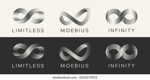 Gritty Dots Digital Technology Grey Light Vector Infinity Logo. Artificial Intelligence Abstract Data Limitless Sign Concept. Grain Texture Endless Infinite Loop Emblem Templates Set. Isolated