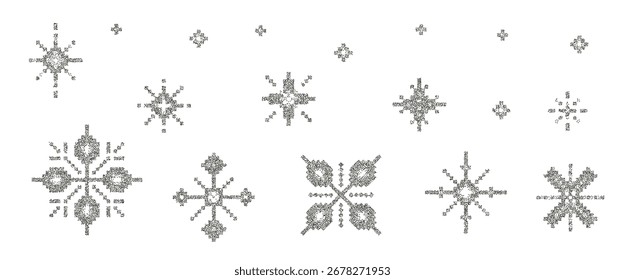 Conjunto de iconos de copos de nieve de grabado. Elementos punteados pixelados de nieve. Formas de invierno con gradiente de desvanecimiento. Navidades o símbolos de Año Nuevo sobre fondo transparente. Ilustración vectorial de la textura del ruido.
