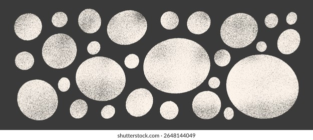 Gritty graffiti spray circles and ovals set. Polka dots chalk or aerosol paint shapes pack. Vector creamy white hand drawn round and ellipse figures illustration isolated on black background.