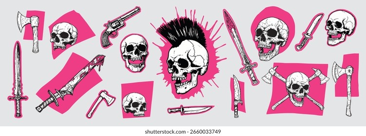 Cráneos y armas punk dibujados a mano