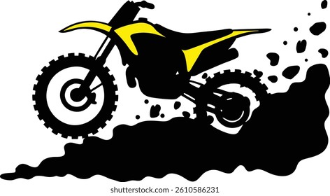 A gritty illustration of a yellow and black dirt bike in motion, with a textured effect showing a cloud of dust and debris trailing behind it