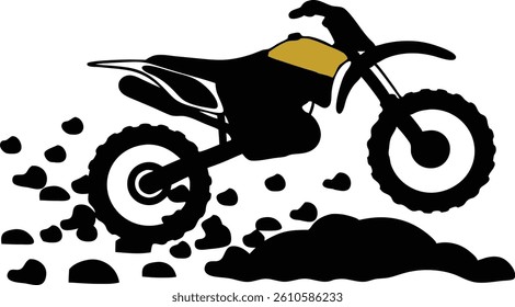 A gritty illustration of a yellow and black dirt bike in motion, with a textured effect showing a cloud of dust and debris trailing behind it