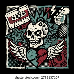 A gritty punk rock themed graphic featuring a mohawk skull winged heart broken cassette tape and electric guitar in a vintage distressed comic style.