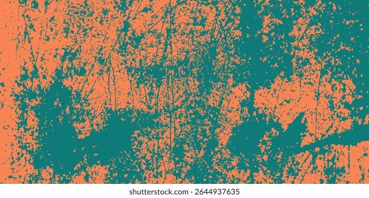 Gritty texture emerald brush strokes on mandarin background. Bold wavy brush strokes. Sand texture bg. Graffiti style trendy banner. Grunge dotted abstract wallpaper. Contemporary stipple effect.