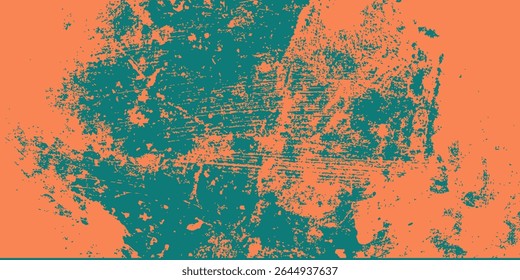Gritty texture emerald brush strokes on mandarin background. Bold wavy brush strokes. Sand texture bg. Graffiti style trendy banner. Grunge dotted abstract wallpaper. Contemporary stipple effect.