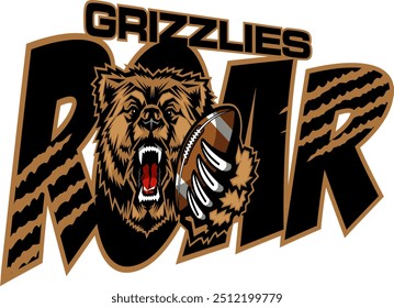 Grizzlies rugen con mascota sosteniendo fútbol para deportes escolares, universitarios o de liga