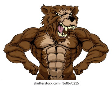 Grizzly bear animal mascot showing off his muscles and ready for a fight