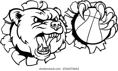 A grizzly bear basketball animal mascot holding a ball in his claw