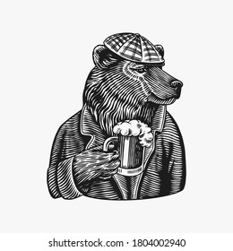 Grizzly Bear with a beer mug. Brewer with a glass cup. Fashion animal character. A wild beast in a newsboy s cap. Hand drawn sketch. Vector engraved illustration for logo and tattoo or T-shirts.