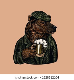 Grizzly Bear with a beer mug. Brewer with a glass cup. Fashion animal character. A wild beast in a newsboy s cap. Hand drawn sketch. Vector engraved illustration for logo and tattoo or T-shirts.