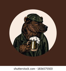Grizzly Bear with a beer mug. Brewer with a glass cup. Fashion animal character. A wild beast in a newsboy s cap. Hand drawn sketch. Vector engraved illustration for logo and tattoo or T-shirts.