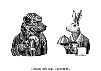 Grizzly Bear with a beer mug. Hare waiter. Brewer with a glass cup. Fashion animal character. Rabbit flunky or garcon. Hand drawn sketch. Vector engraved illustration for logo and tattoo or T-shirts.