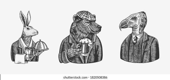 Grizzly Bear with a beer mug. Hare or Rabbit waiter bird. Fashion animal character. Hand drawn sketch. Vector engraved illustration for label, logo and T-shirts or tattoo.