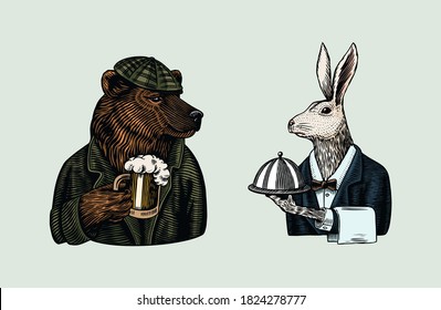 Grizzly Bear with a beer mug. Hare waiter. Brewer with a glass cup. Fashion animal character. Rabbit flunky or garcon. Hand drawn sketch. Vector engraved illustration for logo and tattoo or T-shirts.