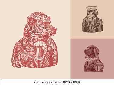 Grizzly Bear with a beer mug. Octopus sailor. Dog officer Fashion animal character. Hand drawn sketch. Vector engraved illustration for label, logo and T-shirts or tattoo.