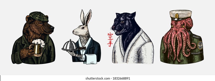 Grizzly Bear with a beer mug. Octopus sailor and Hare or Rabbit waiter. Black panther. Japanese word in the middle. Text translate: karate. Fashion animal character. Hand drawn sketch.